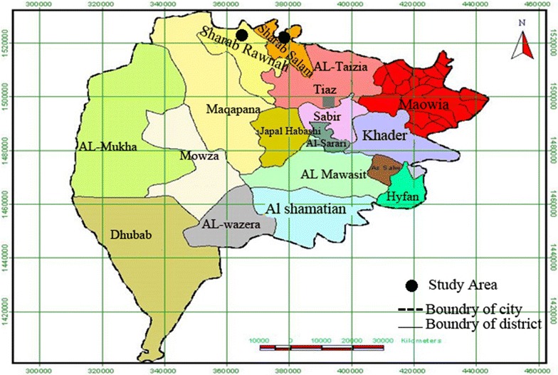 Locator map of Taiz, Mocha, Al Waziyah and Ash Shamayatayn in south-west Yemen.