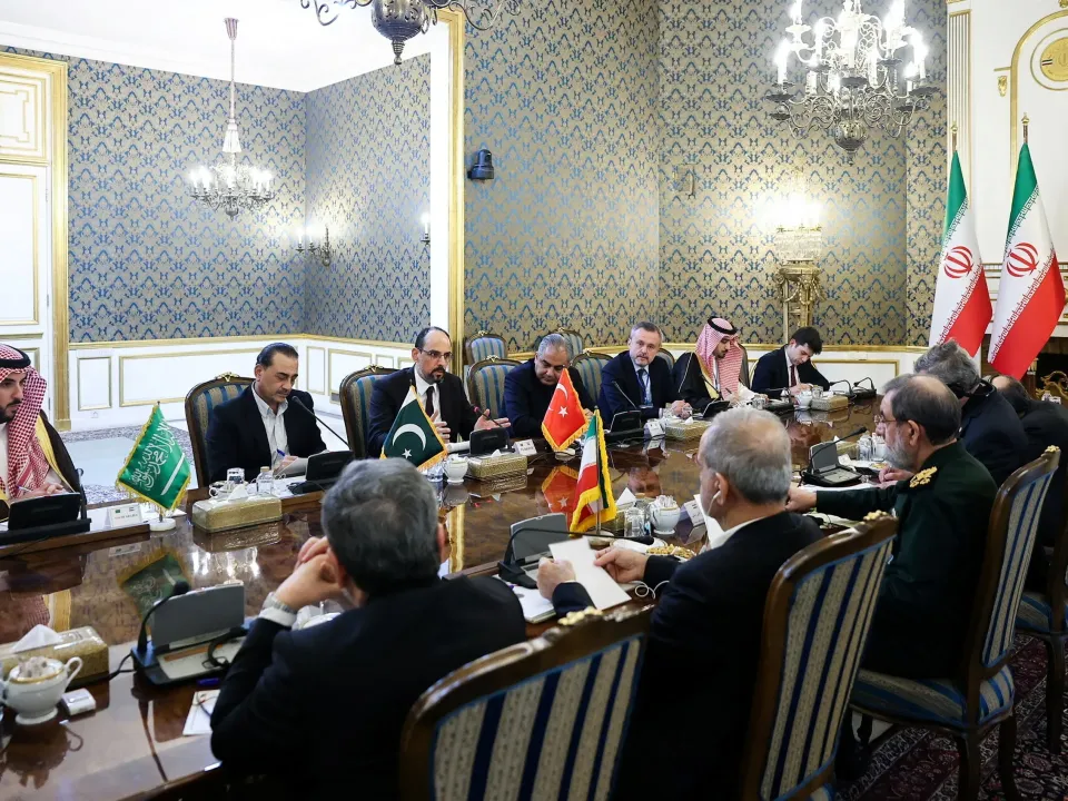 Editorial photograph illustrating Tehran talks create a regional channel as Houthi attacks continue