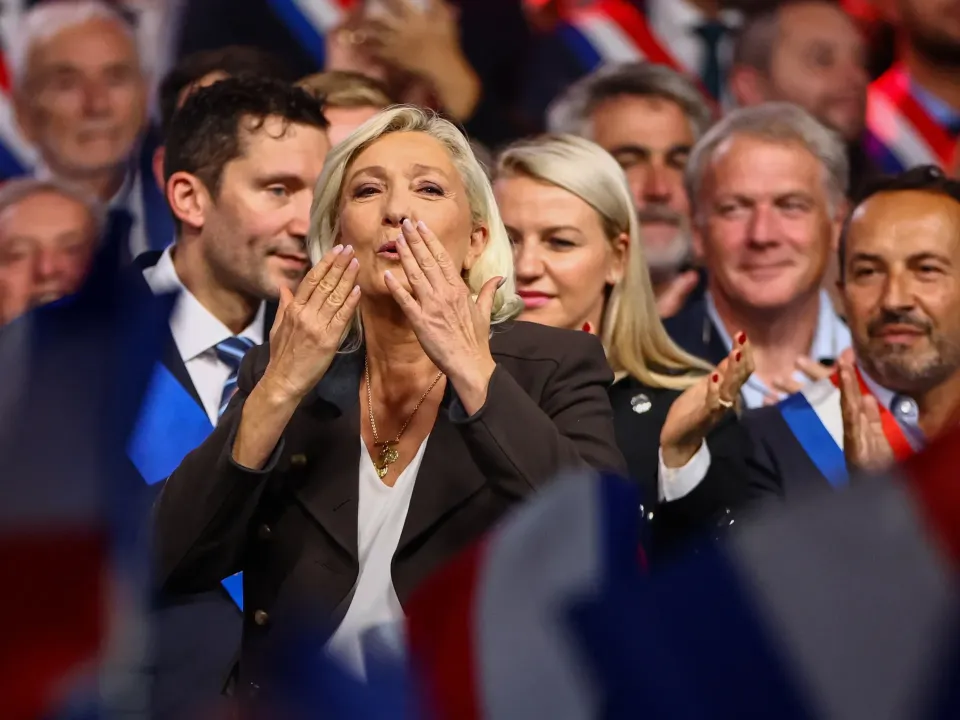Editorial photograph illustrating France’s protest violence gives Le Pen an opening, not a guaranteed breakthrough