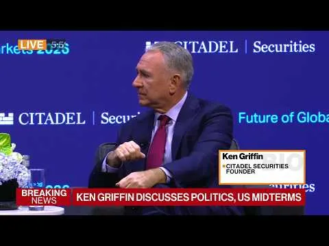 Editorial photograph illustrating Ken Griffin urges US growth push tied to stronger European economy