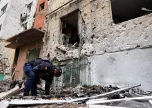 Editorial photograph illustrating Russian Strikes in Ukraine Kill 8, Leave 1 Million Without Power