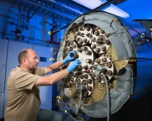 An engineering model of NASA’s DAVINCI Venus descent probe before thermal testing.