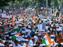 Editorial photograph illustrating Indian Protestors Demanding Election Chief's Resignation Persist