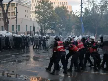 Editorial photograph illustrating Albanian Police Fire Rubber Bullets Amid Protests Against Rama
