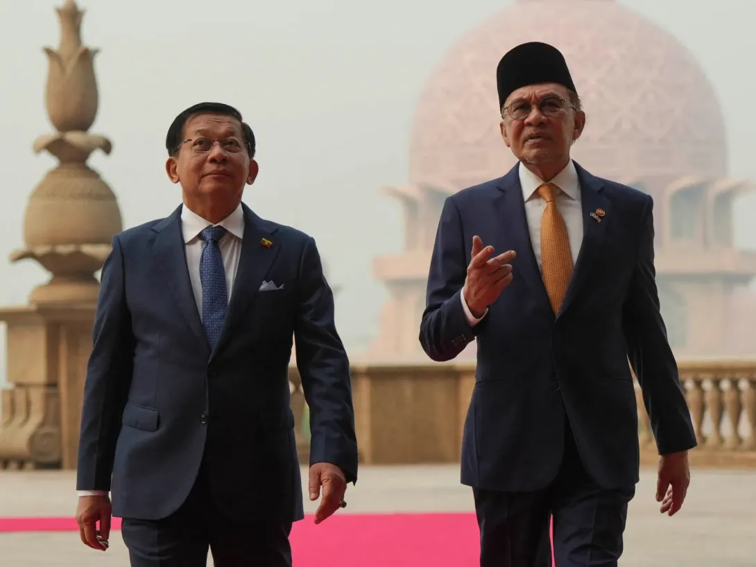 Editorial photograph illustrating Myanmar’s Min Aung Hlaing rebuilds regional ties amid raging civil war