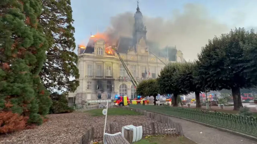 Editorial photograph illustrating Limoges Town Hall Set on Fire Amid Riots