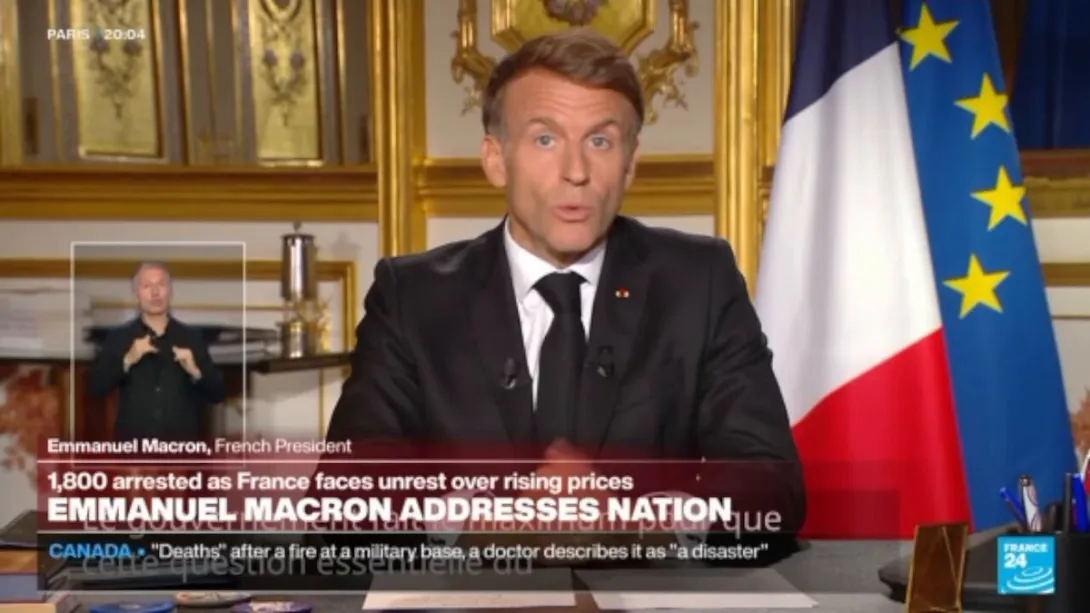 Editorial photograph illustrating Macron calls for order while acknowledging French youth grievances after unrest