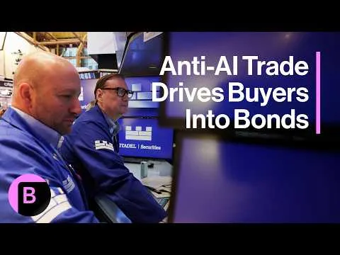 Editorial photograph illustrating AI selloff revives Treasuries as a hedge—but credit markets split the trade