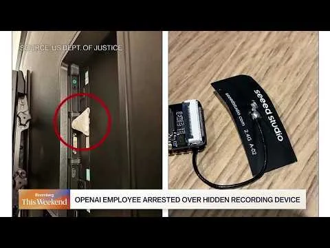 Editorial photograph illustrating OpenAI engineer charged after hidden recorder found in executive conference room